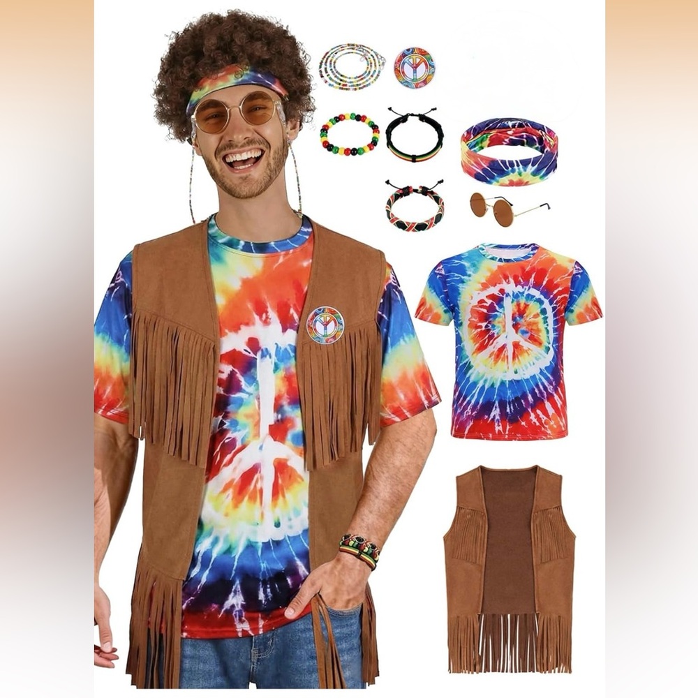 NWT 70s Men’s Hippie Costume with Tie Dye Shirt, Fringe Vest & Accessories XL